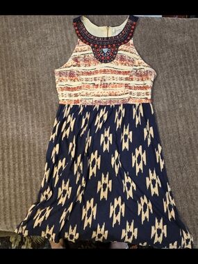 Lucky Brand Women's M Fit & Flare Ikat Aztec Beaded Sleeveless Dress Navy Cream